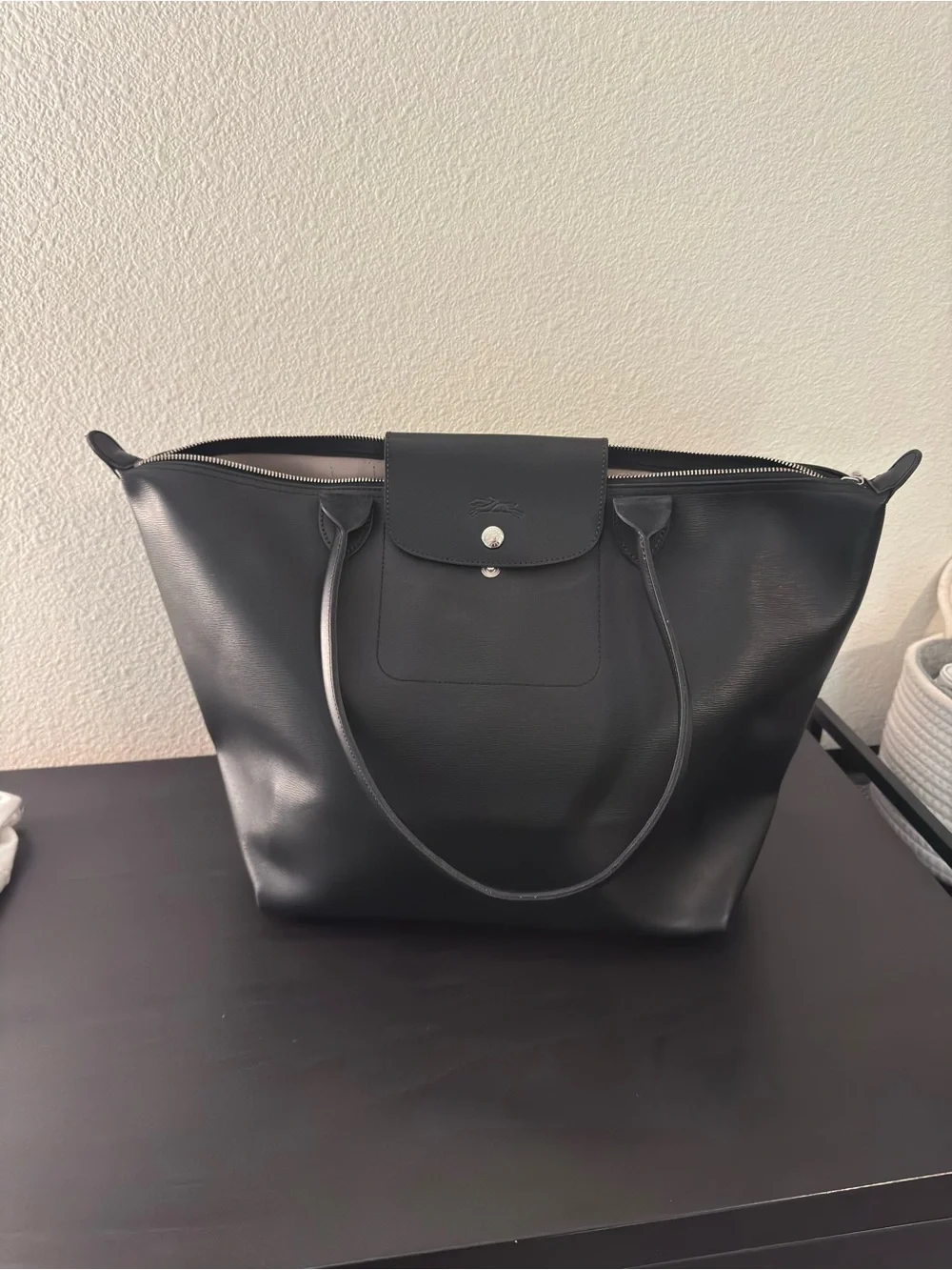 Longchamp Black Coated Canvas Tote-Large